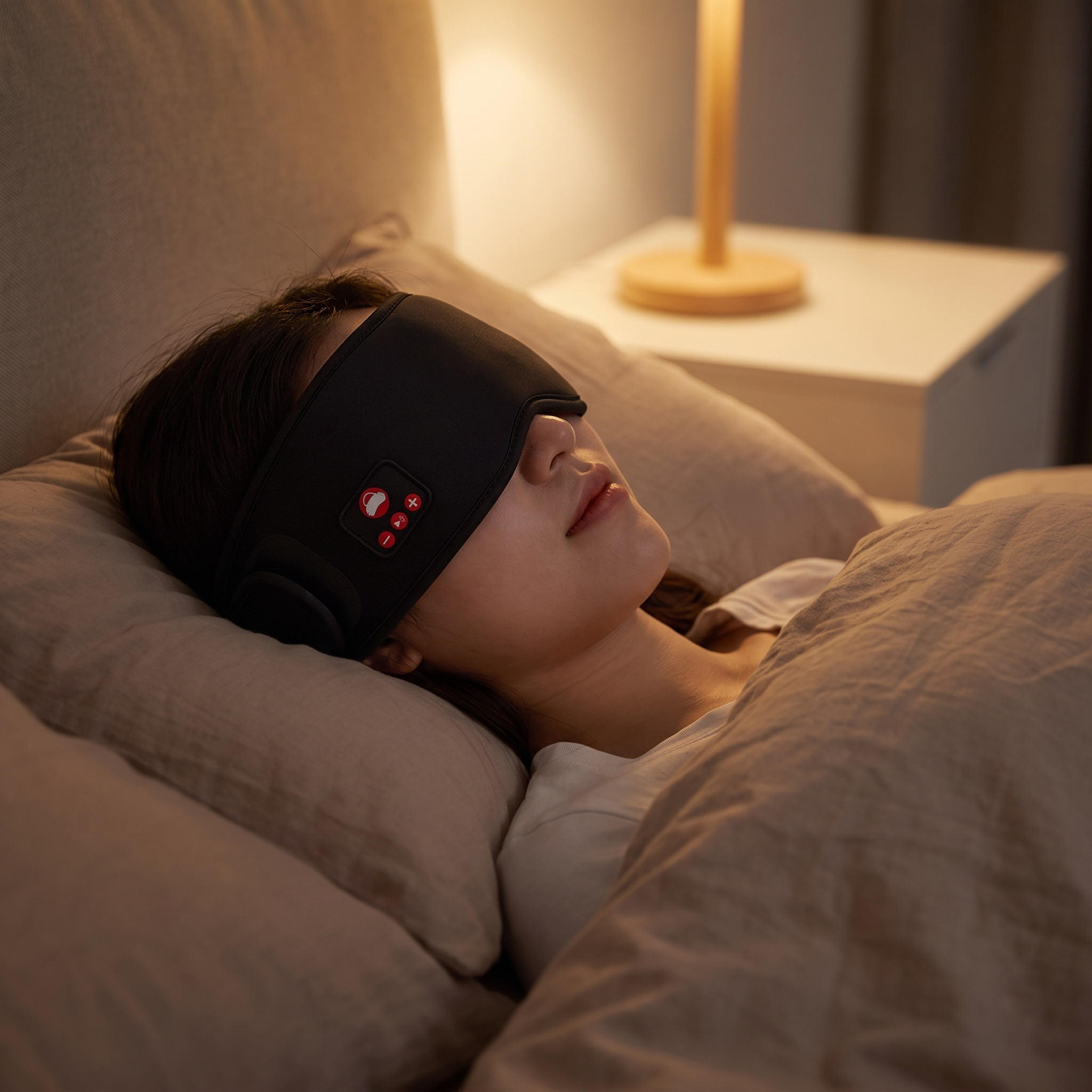 Person wearing the Bluetooth sleep mask while relaxing in bed