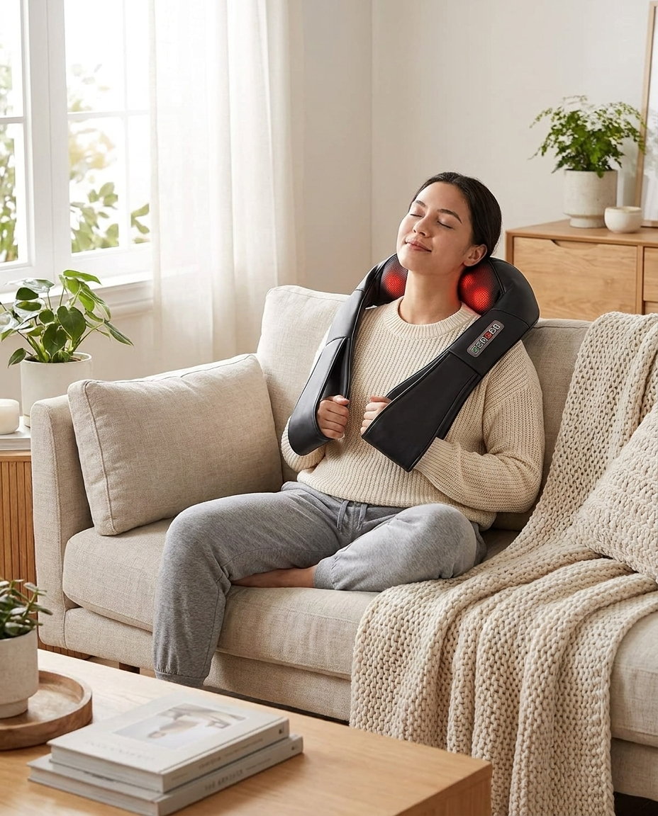Person relaxing on a couch using the shiatsu neck and shoulder massager with heat