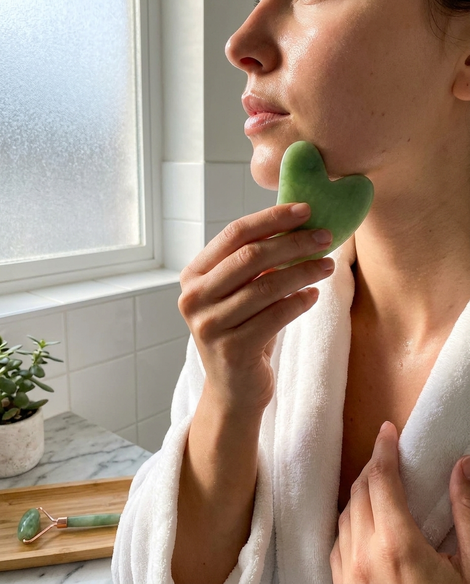Person using the gua sha stone set on their jawline