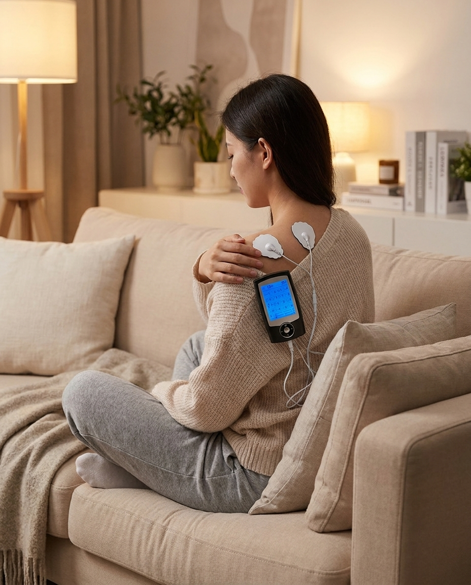 Person using the rechargeable TENS unit on their shoulder