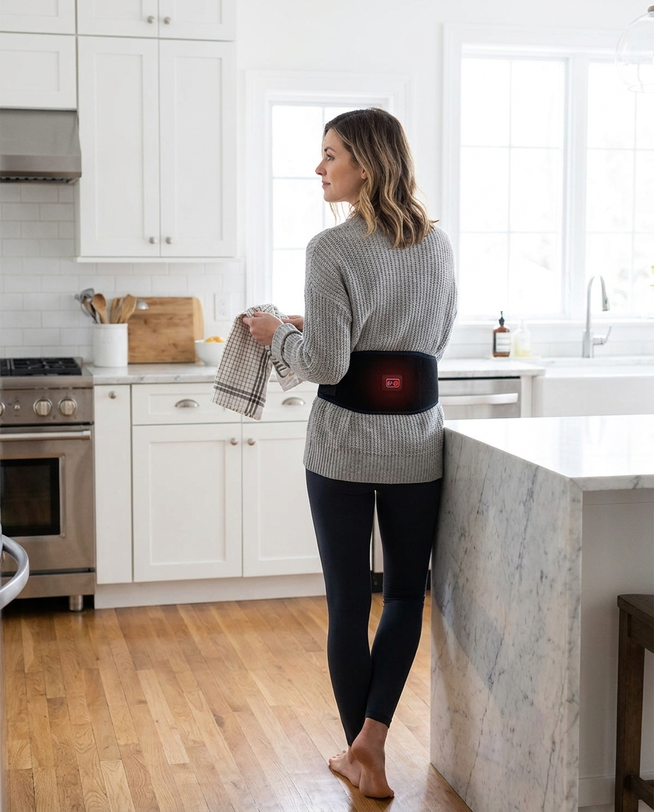 Person wearing the cordless heating pad around their lower back