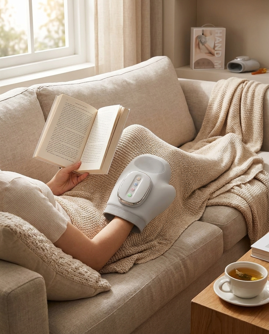 Person relaxing with the cordless hand and wrist massager