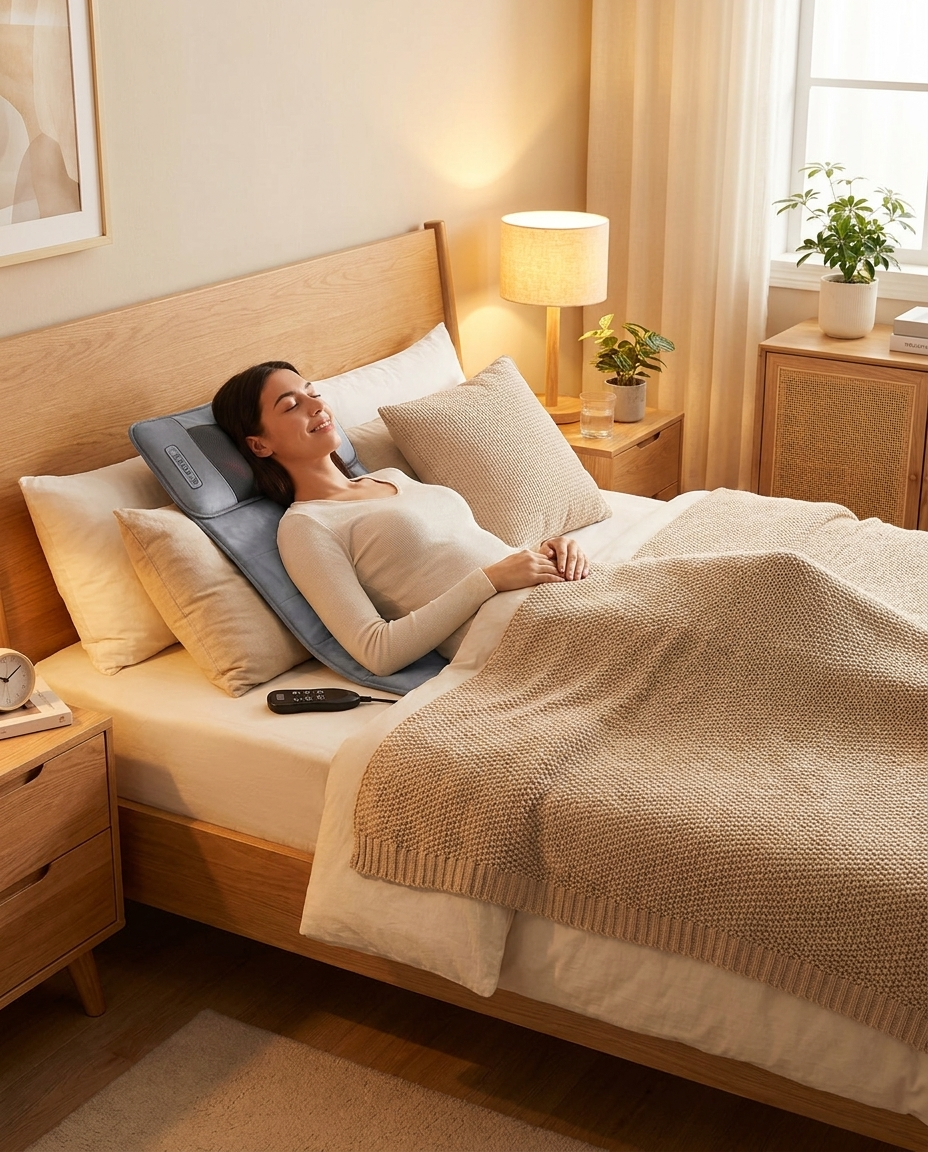 Person relaxing with the full body shiatsu massage cushion