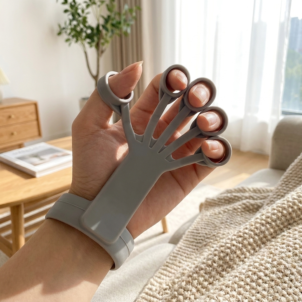 Silicone hand grip exerciser in use for rehab