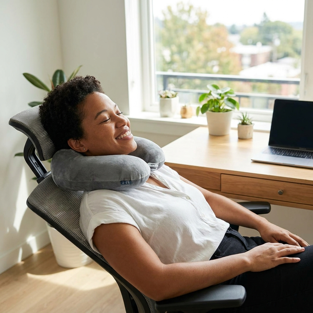 Person wearing a cordless cervical neck massager pillow