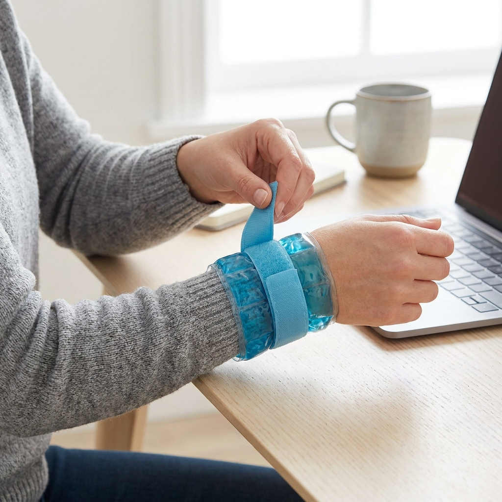 Person applying a reusable hot and cold gel therapy wrap to their wrist