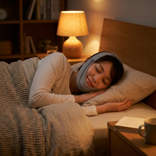 Person sleeping while wearing an adjustable anti-snore chin strap