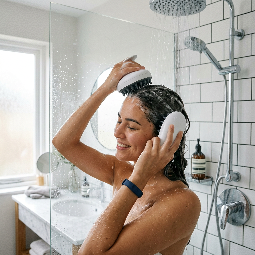 Person using a waterproof electric scalp massager in the shower